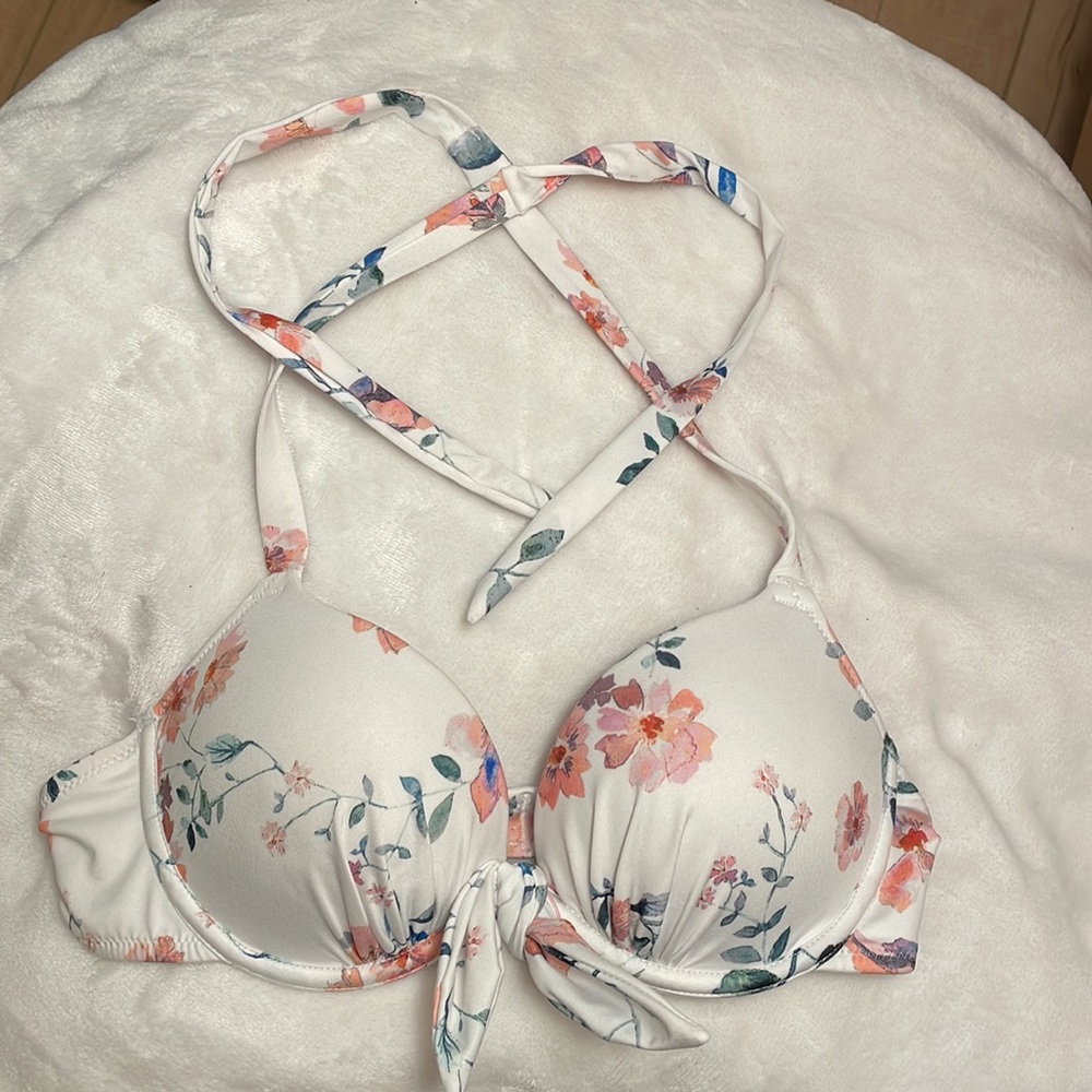 Bikini Top by H&M! Halter push-up size 32B. White floral, decorative tie. EUC